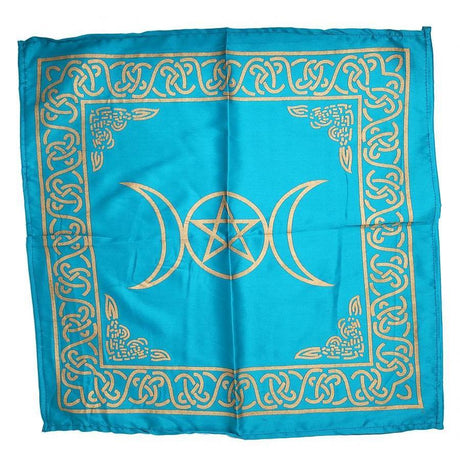 21" Satin Altar Cloth - Triple Moon Pentagram on Turquoise & Gold - Magick Magick.com