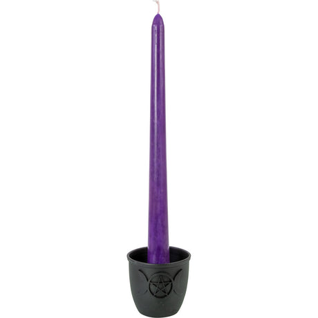 2.5" Cast Iron Taper Candle Holder - Triple Moon with Pentacle - Magick Magick.com