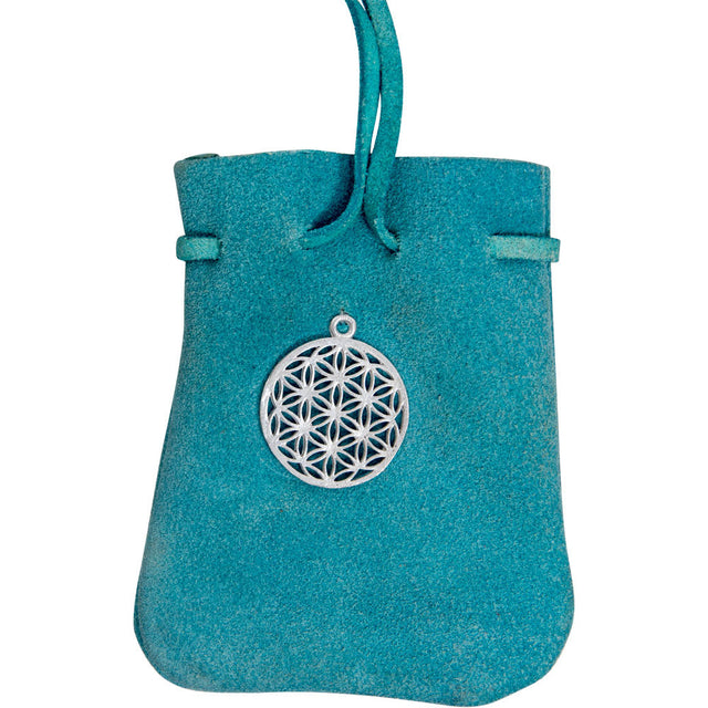 2.5" x 3.5" Suede Pouch Rounded with Strap - Aqua Flower of Life - Magick Magick.com