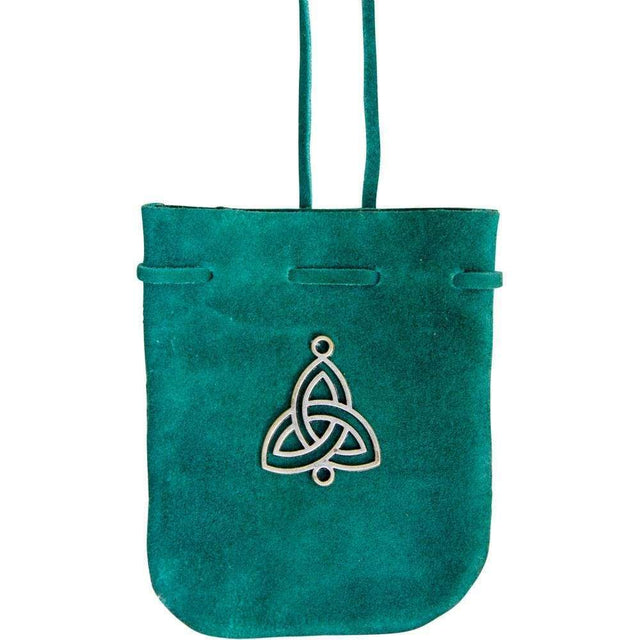 2.5" x 3.5" Suede Pouch Rounded with Strap - Green Triquetra - Magick Magick.com