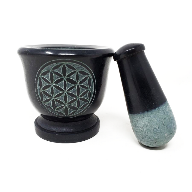 2.75" Flower of Life Carved Black Soapstone Mortar & Pestle - Magick Magick.com