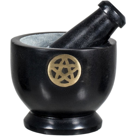 3" Soapstone Mortar & Pestle - Pentacle Finding Black - Magick Magick.com