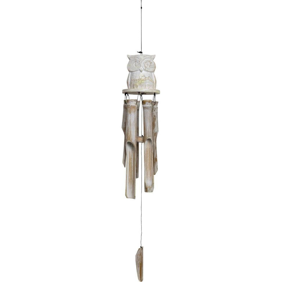34" White Washed Bamboo Wind Chime with Owl - Magick Magick.com