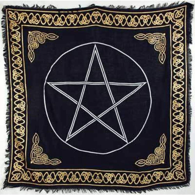 36" Satin Altar Cloth - Pentagram on Black & Gold Bordered - Magick Magick.com