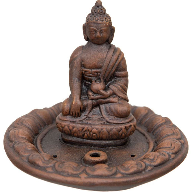 3.5" Brown Clay Incense Holder - Medicine Buddha - Magick Magick.com