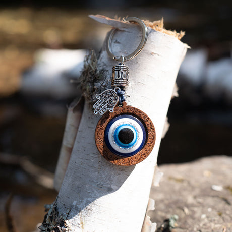 3.5" Evil Eye Talisman Key Ring - Wood with Mini Fatima Hand - Magick Magick.com