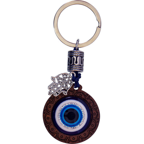 3.5" Evil Eye Talisman Key Ring - Wood with Mini Fatima Hand - Magick Magick.com