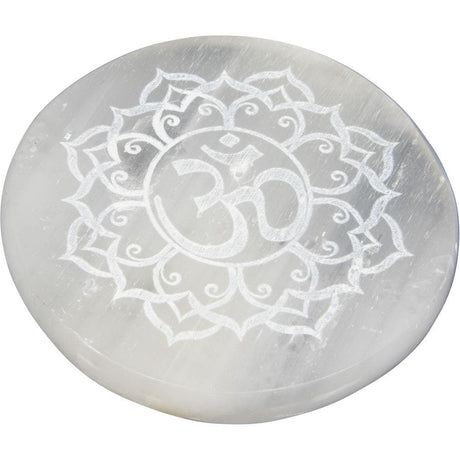 3.5" Selenite Round Incense Holder - Om - Magick Magick.com