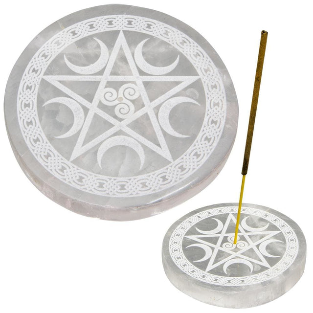 3.5" Selenite Round Incense Holder - Pentacle - Magick Magick.com