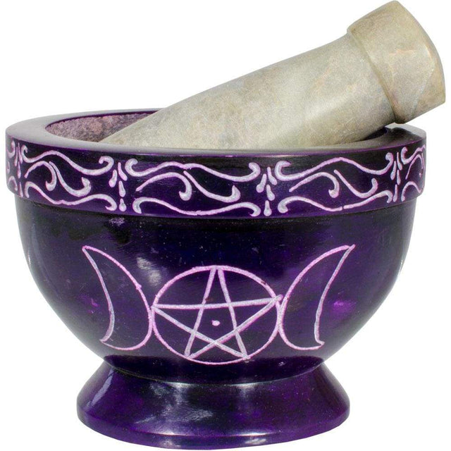3.5" Soapstone Mortar & Pestle - Triple Moon Purple - Magick Magick.com