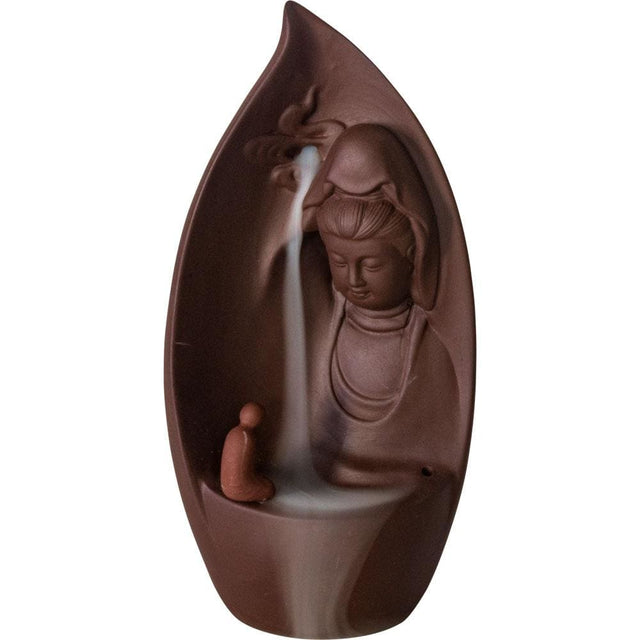 3.75" Ceramic Terra Cotta Backflow Incense Burner - Praying Kwan Yin Waterfall - Magick Magick.com