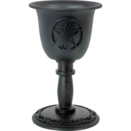 4" Cast Iron Chalice Mini Candle Holder - Pentacle with Raven - Magick Magick.com
