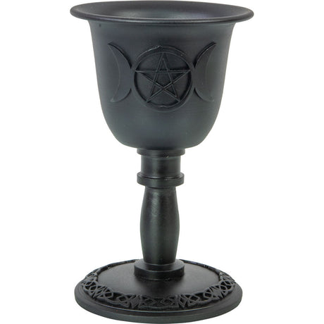 4" Cast Iron Chalice Mini Candle Holder - Triple Moon with Pentacle - Magick Magick.com