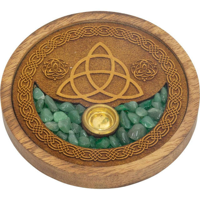 4" Laser Etched Wood Round Incense Holder - Triquetra with Green Aventurine Inlay - Magick Magick.com