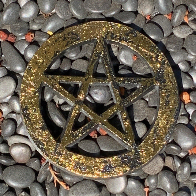 4" Pentagram Solid Brass Altar Tile Black with Gold - Magick Magick.com