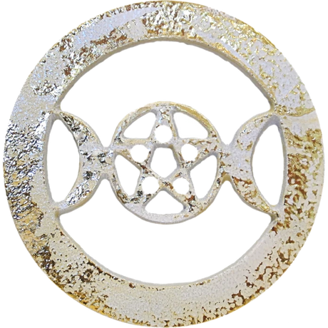 4" Pentagram Triple Moon Solid Brass Altar Tile White with Gold - Magick Magick.com
