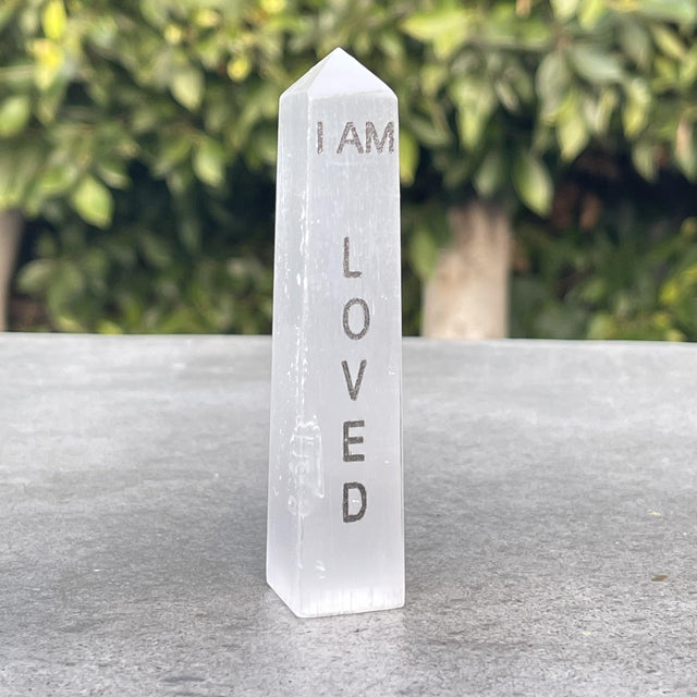 4" Selenite Affirmation Obelisk Tower - I AM Loved - Magick Magick.com