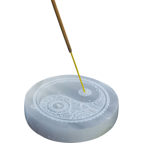 4" Selenite Round Incense Holder - Yin Yang - Magick Magick.com
