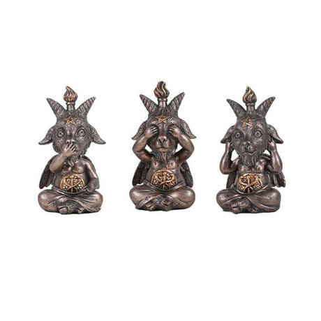 4" Sitting Baphomet Statue Set - See, Hear, Speak No Evil - Bronze (Set of 3) - Magick Magick.com