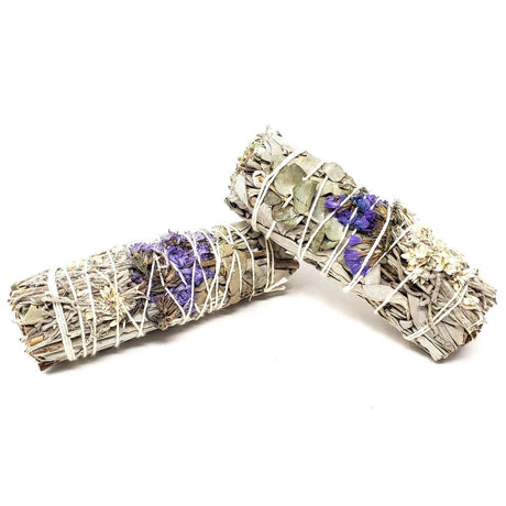 4" White Sage, Green Eucalyptus, Purple Sinuata Flower & Lavender Flower Spikes Smudge Stick - Magick Magick.com