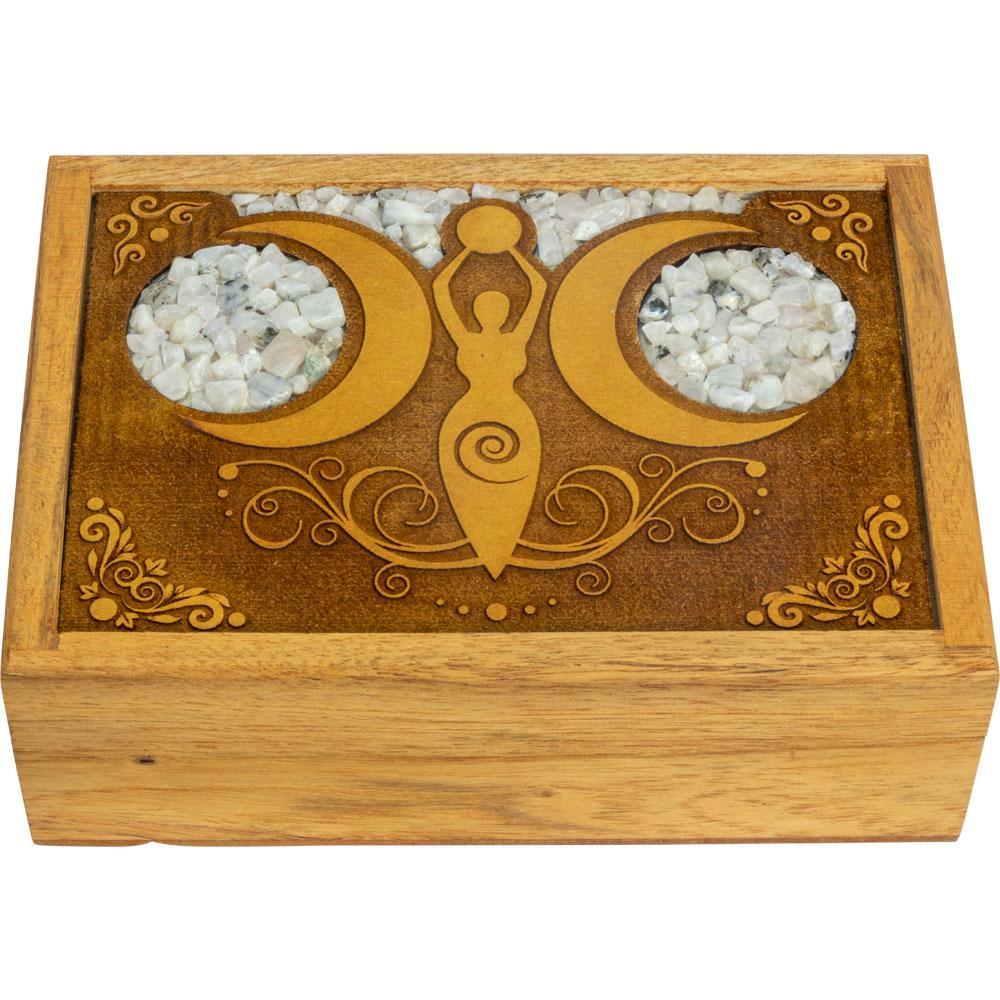 4" x 6" Velvet Lined Laser Etched Wooden Box - Moon Goddess with Rainbow Moonstone Inlay - Magick Magick.com