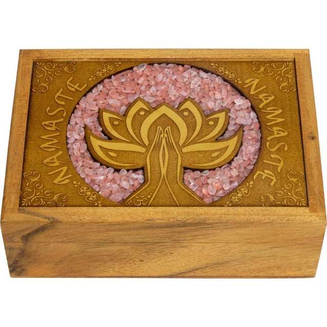 4" x 6" Velvet Lined Laser Etched Wooden Box - Namaste with Rose Quatz Inlay - Magick Magick.com