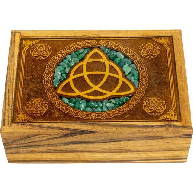 4" x 6" Velvet Lined Laser Etched Wooden Box - Triquetra with Green Aventurine Inlay - Magick Magick.com