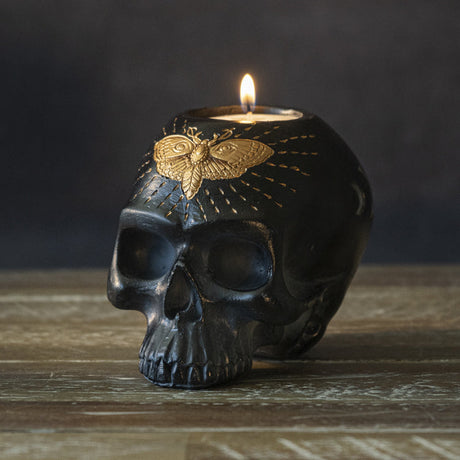 4.5" Black Skull with Butterfly Tealight Candle Holder - Magick Magick.com