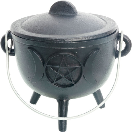 4.5" Cast Iron Food Grade Cauldron - Triple Moon with Pentacle - Magick Magick.com