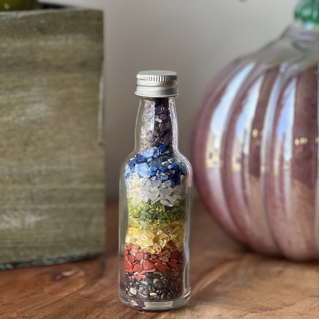 4.5" Chakra Chip Gemstone Glass Bottle - Magick Magick.com