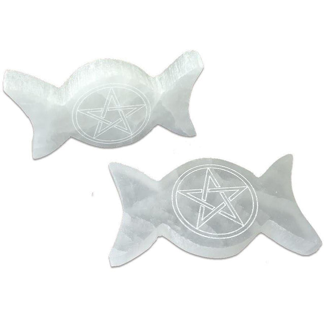 4.5 x 2.5" Selenite Triple Moon Pentagram Altar Tile - Magick Magick.com