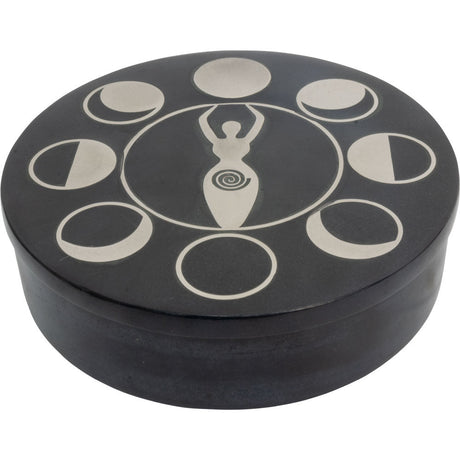 5" Soapstone Round Box with Silver Inlay - Moon Phases Goddess - Magick Magick.com