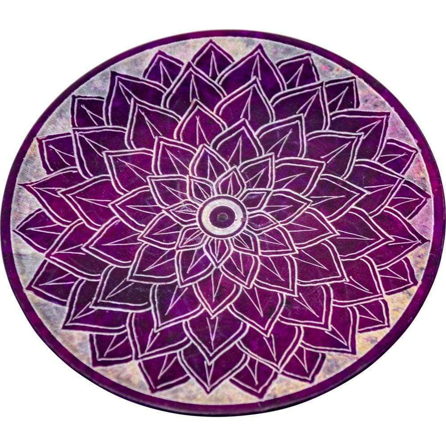 5" Soapstone Round Incense Holder - Lotus Flower - Purple - Magick Magick.com