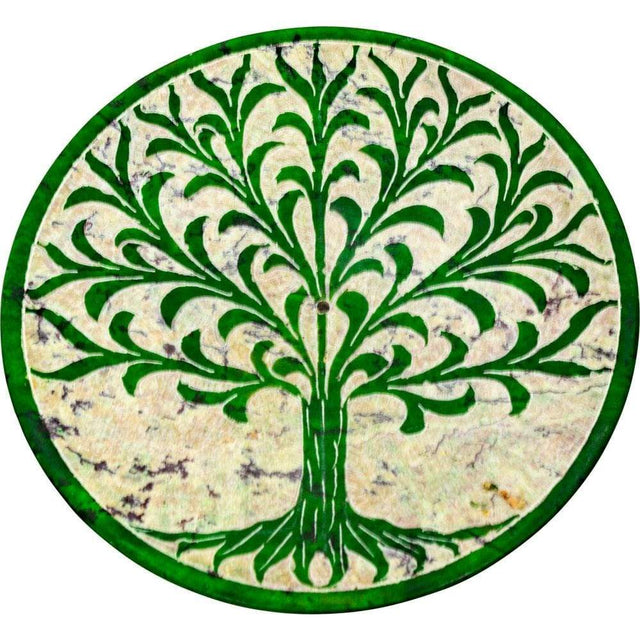 5" Soapstone Round Incense Holder - Tree of Life - Green - Magick Magick.com