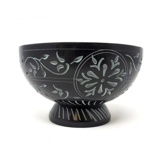 5" x 3" Black Floral Carved Soapstone Bowl Burner - Magick Magick.com
