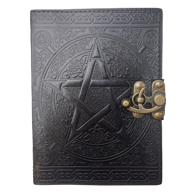 5" x 7" Black Pentagram Leather Blank Book with Latch - Magick Magick.com