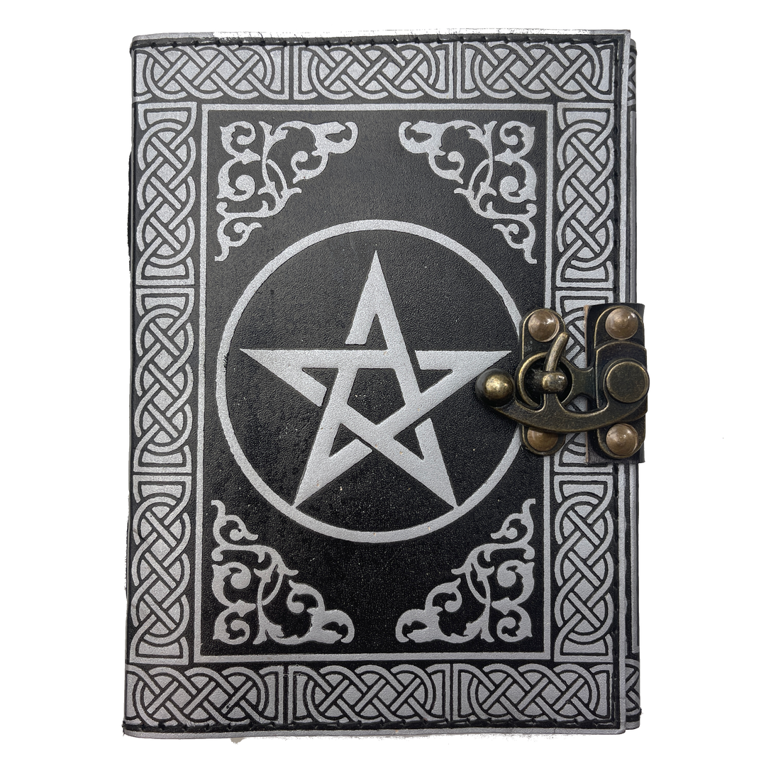 5" x 7" Black & Silver Pentagram Leather Blank Book with Latch - Magick Magick.com