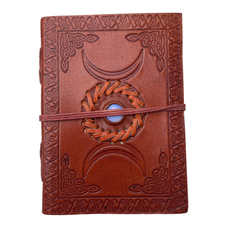 5" x 7" Triple Moon With Stone Embossed Leather Blank Book with Cord - Magick Magick.com