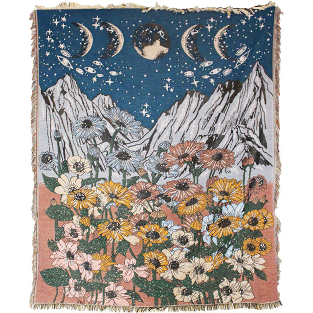 56" x 61" Cotton Heavy Throw with Fringe & Belt - Sunflowers & Moon Phases - Magick Magick.com