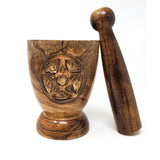 5.25" Wooden Pentagram Mortar and Pestle Set - Magick Magick.com