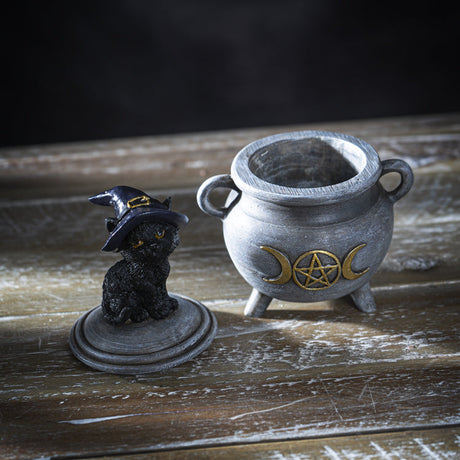 5.5" Black Cat on Cauldron Trinket Box - Magick Magick.com