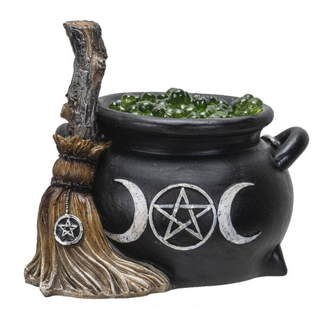 5.7" Triple Moon Cauldron with Broom (LED Light) - Magick Magick.com