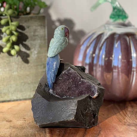 6" Amazonite & Blue Aventurine Carved Bird on Amethyst Geode from Brazil - Magick Magick.com