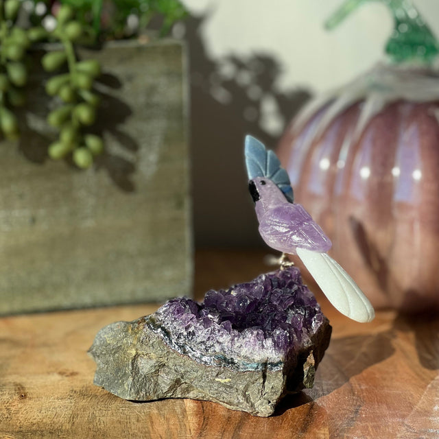 6" Amethyst, Blue Aventurine & White Aventurine Carved Bird on Amethyst Geode from Brazil - Magick Magick.com