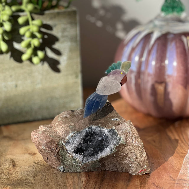 6" Amethyst, Green Aventurine & Blue Aventurine Carved Bird on Amethyst Geode from Brazil - Magick Magick.com