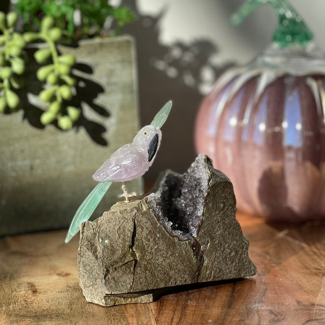 6" Amethyst & Green Aventurine Carved Bird on Amethyst Geode from Brazil - Magick Magick.com