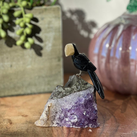 6" Black Onyx & Yellow Calcite Carved Bird on Amethyst Geode from Brazil - Magick Magick.com