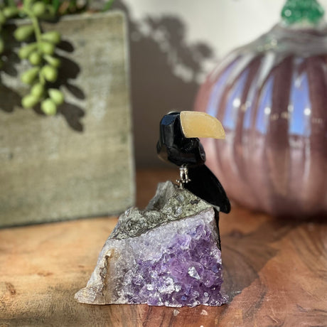 6" Black Onyx & Yellow Calcite Carved Bird on Amethyst Geode from Brazil - Magick Magick.com