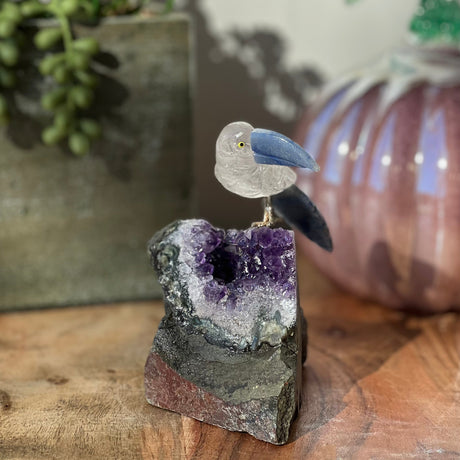 6" Blue Aventurine & Clear Quartz Carved Bird on Amethyst Geode from Brazil - Magick Magick.com