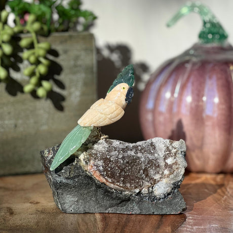 6" Brown Calcite & Green Aventurine Carved Bird on Amethyst Geode from Brazil - Magick Magick.com